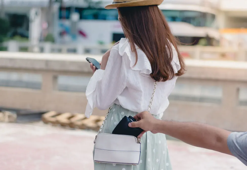 Hand sneaking into frame of photo to steal wallet from bag of unsuspecting tourist